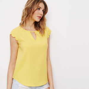 V Notch Front Scallop Cap Sleeve Dolphin Hem Top